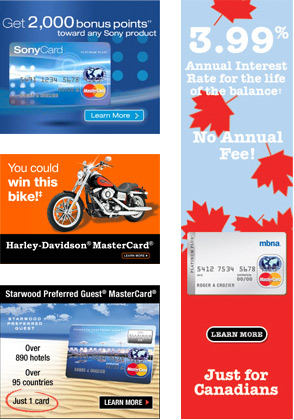 Samples of display banner creative for Harley-Davidson, Sony, Starwood Hotels and MBNA Canada
